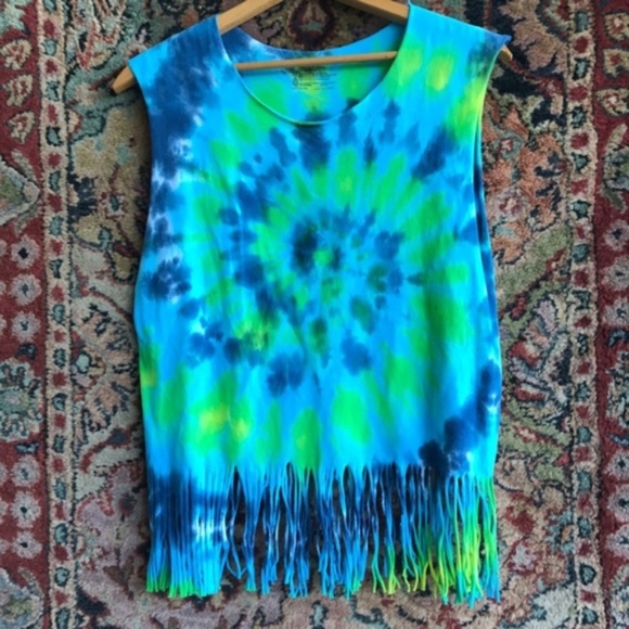 Handmade Fringe Tie Dye Tank Cut Off Ombre Muscle Tank - Picture 1 of 5